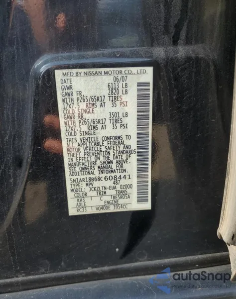 2008 Nissan Pathfinder S из США, поврежденный, VIN 5N1AR18B68C608441